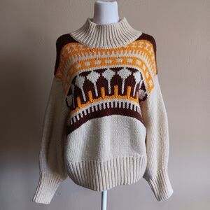 Moodie Medium Boho Western Thick Knit Sweater, Geometric Tan Brown Orange